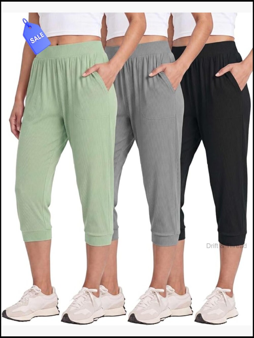 3 Pack Ribbed Capri Jogger Lounge Sweatpants with Pockets